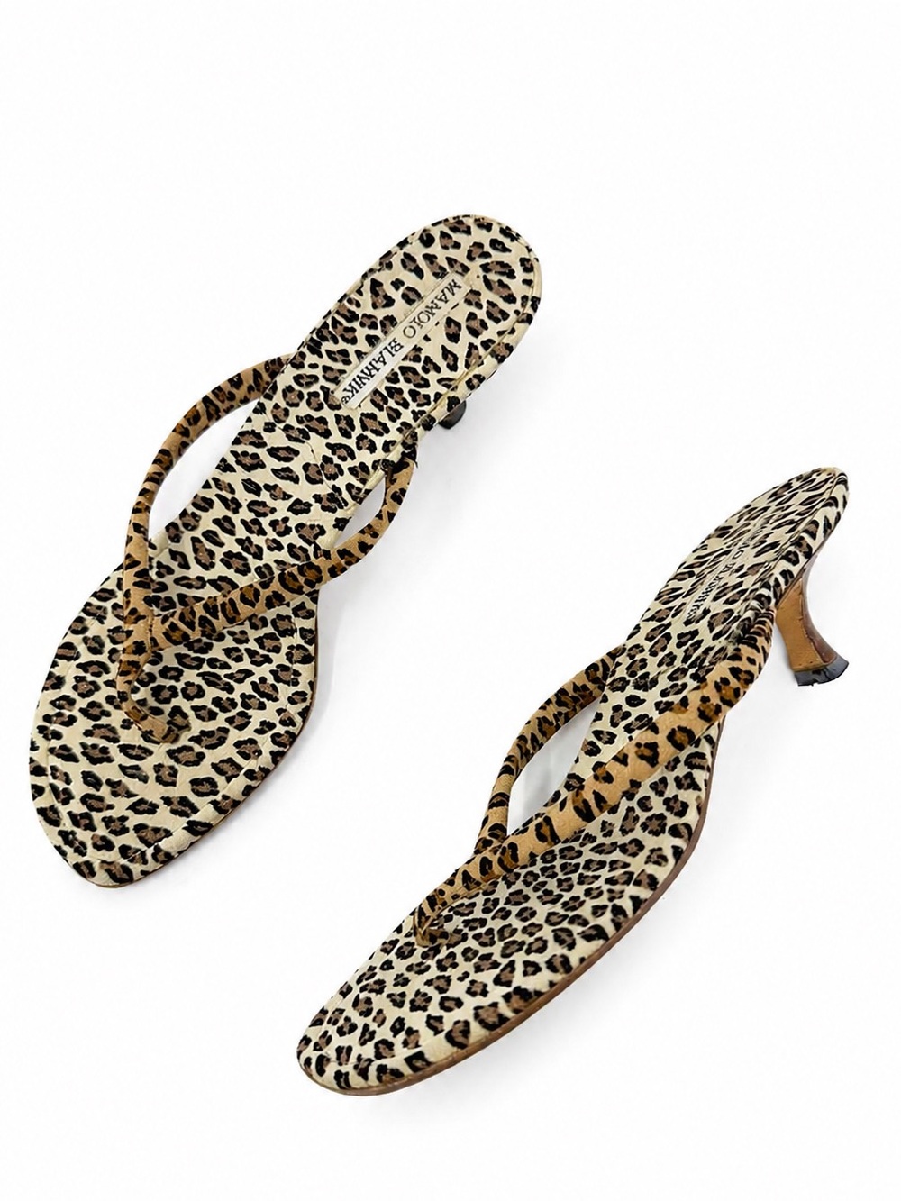 Vintage Manolo Blahnik Leopard Print Thong Kitten Heel Sandals Womens EU 38